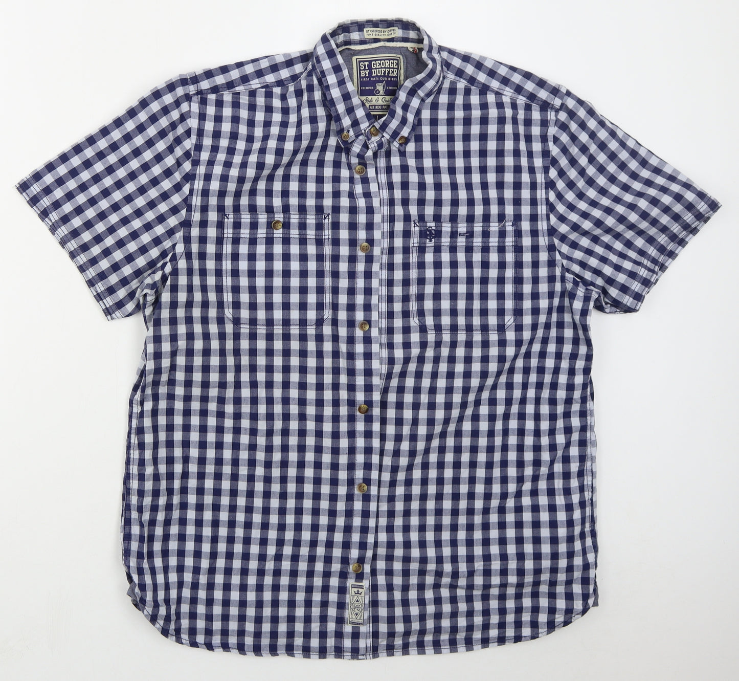 Duffer Mens Blue Check Cotton  Button-Up Size L Collared Button