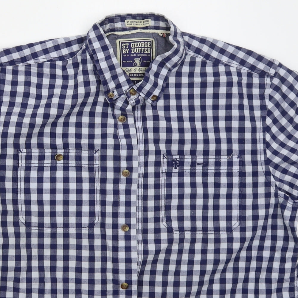 Duffer Mens Blue Check Cotton  Button-Up Size L Collared Button
