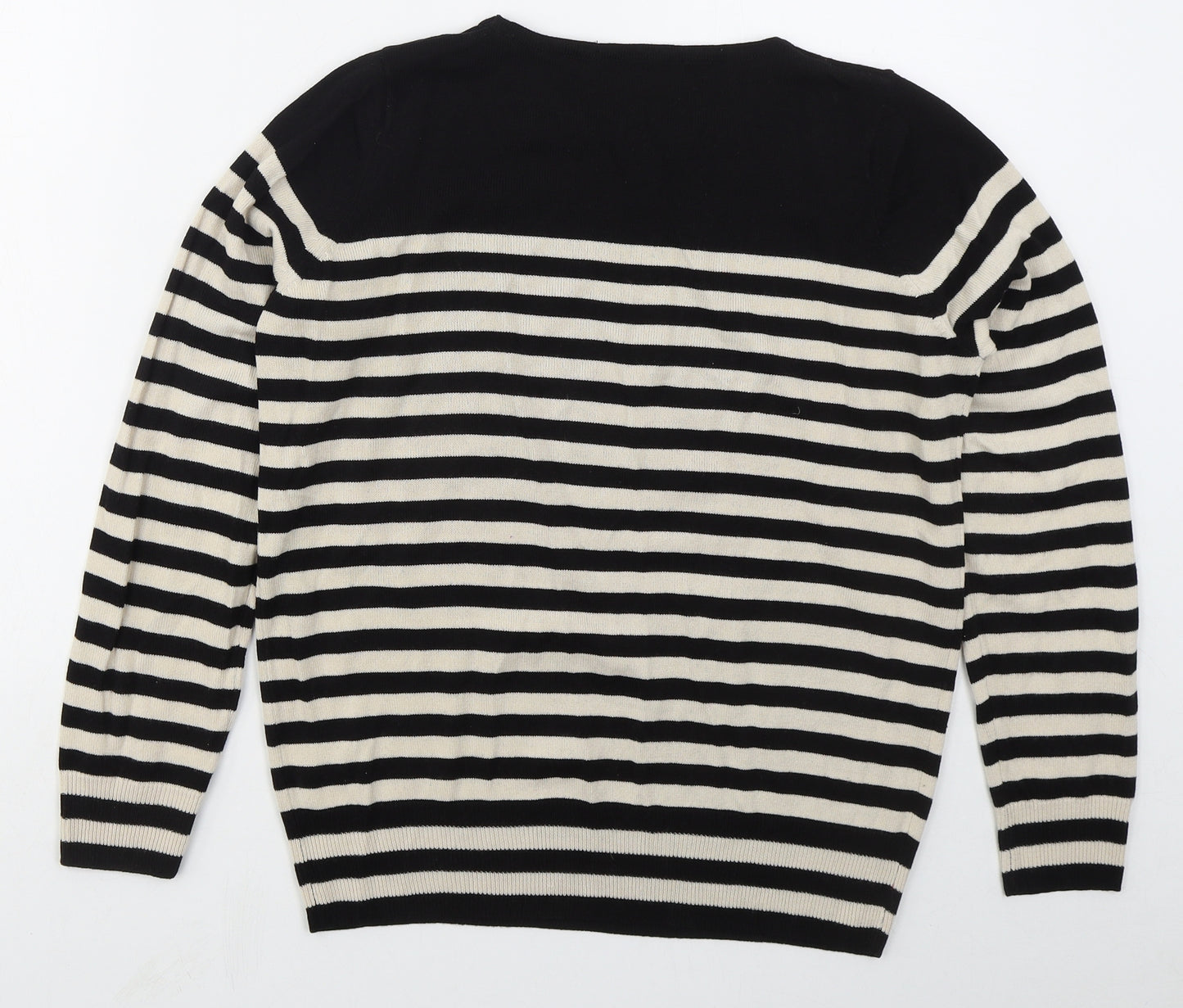 Marks and Spencer Womens Black Crew Neck Striped Acrylic Pullover Jumper Size 12