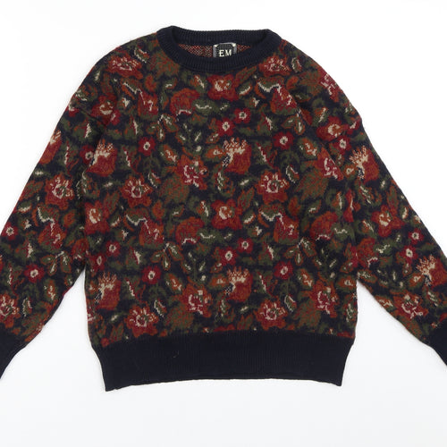 EM Mens Black Crew Neck Floral Acrylic Pullover Jumper Size M