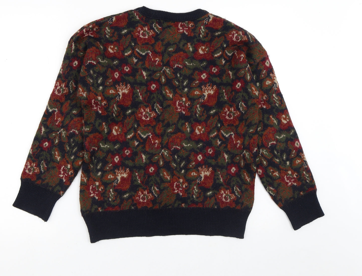 EM Mens Black Crew Neck Floral Acrylic Pullover Jumper Size M