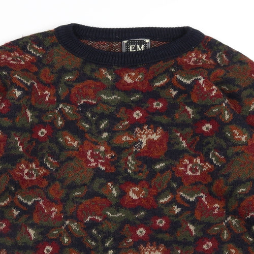 EM Mens Black Crew Neck Floral Acrylic Pullover Jumper Size M