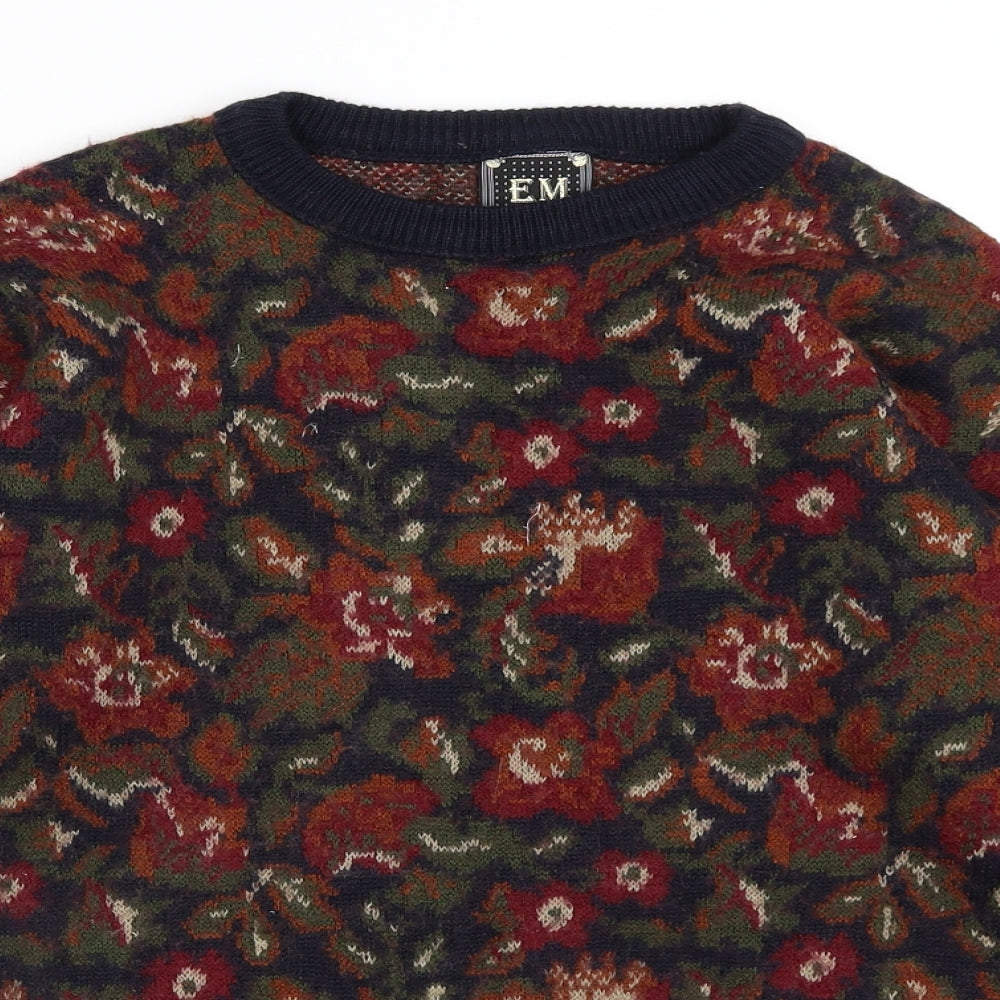 EM Mens Black Crew Neck Floral Acrylic Pullover Jumper Size M