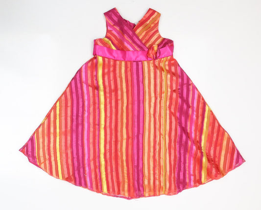 Front view of TU women’s pink striped polyester fit & flare, size UK 6, round neck button