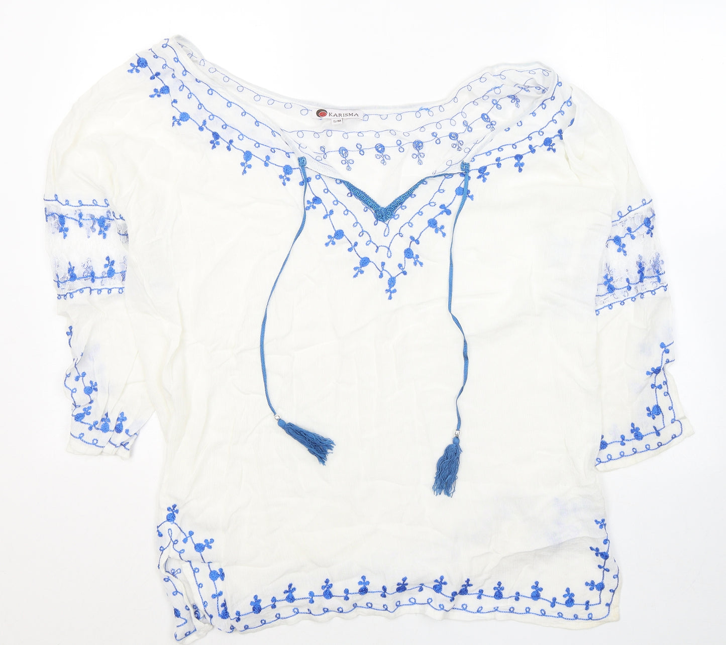Karisma Womens White Geometric Viscose Jersey T-Shirt Size S Round Neck