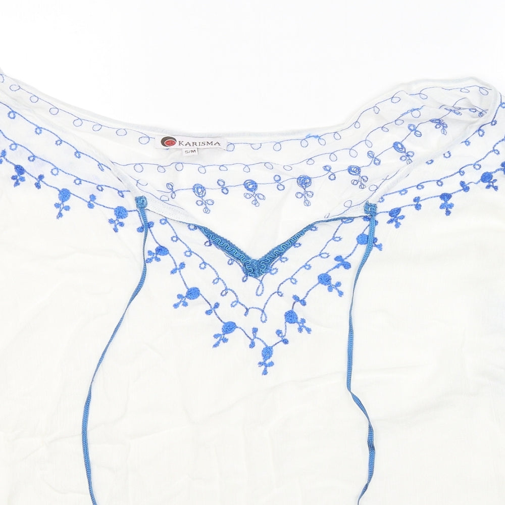 Karisma Womens White Geometric Viscose Jersey T-Shirt Size S Round Neck