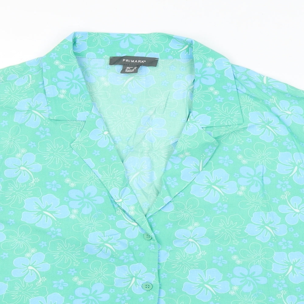 Primark Womens Green Floral Viscose Basic Button-Up Size 12 Collared