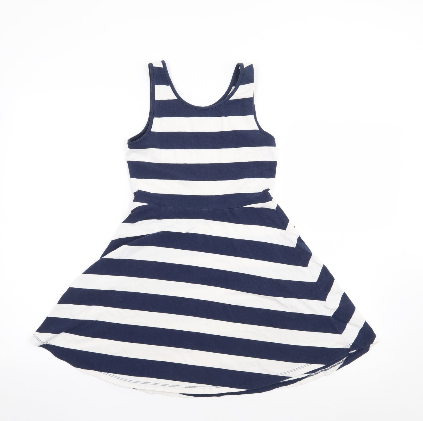 NEXT Girls Blue Striped Cotton Skater Dress  Size 10 Years  Round Neck Pullover