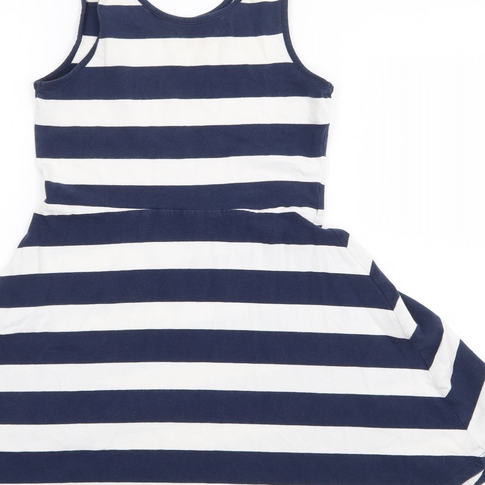 NEXT Girls Blue Striped Cotton Skater Dress  Size 10 Years  Round Neck Pullover