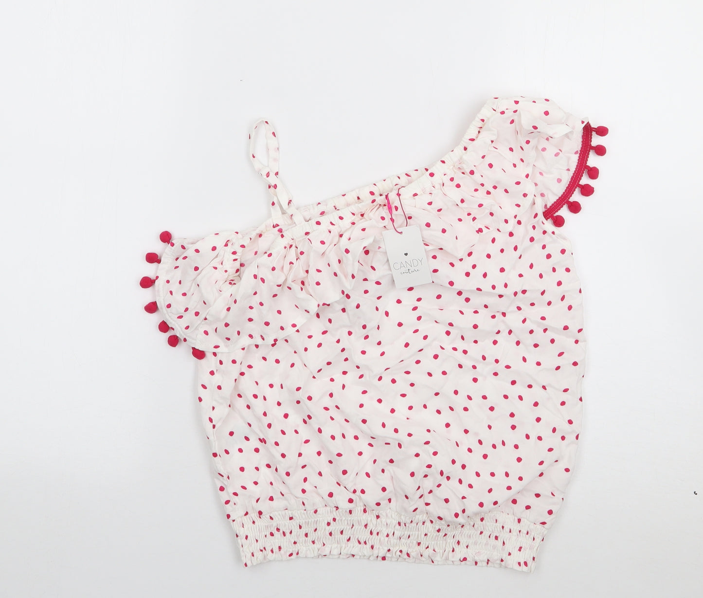Matalan Girls Ivory Polka Dot Viscose Jersey Blouse Size 13 Years One Shoulder Pullover