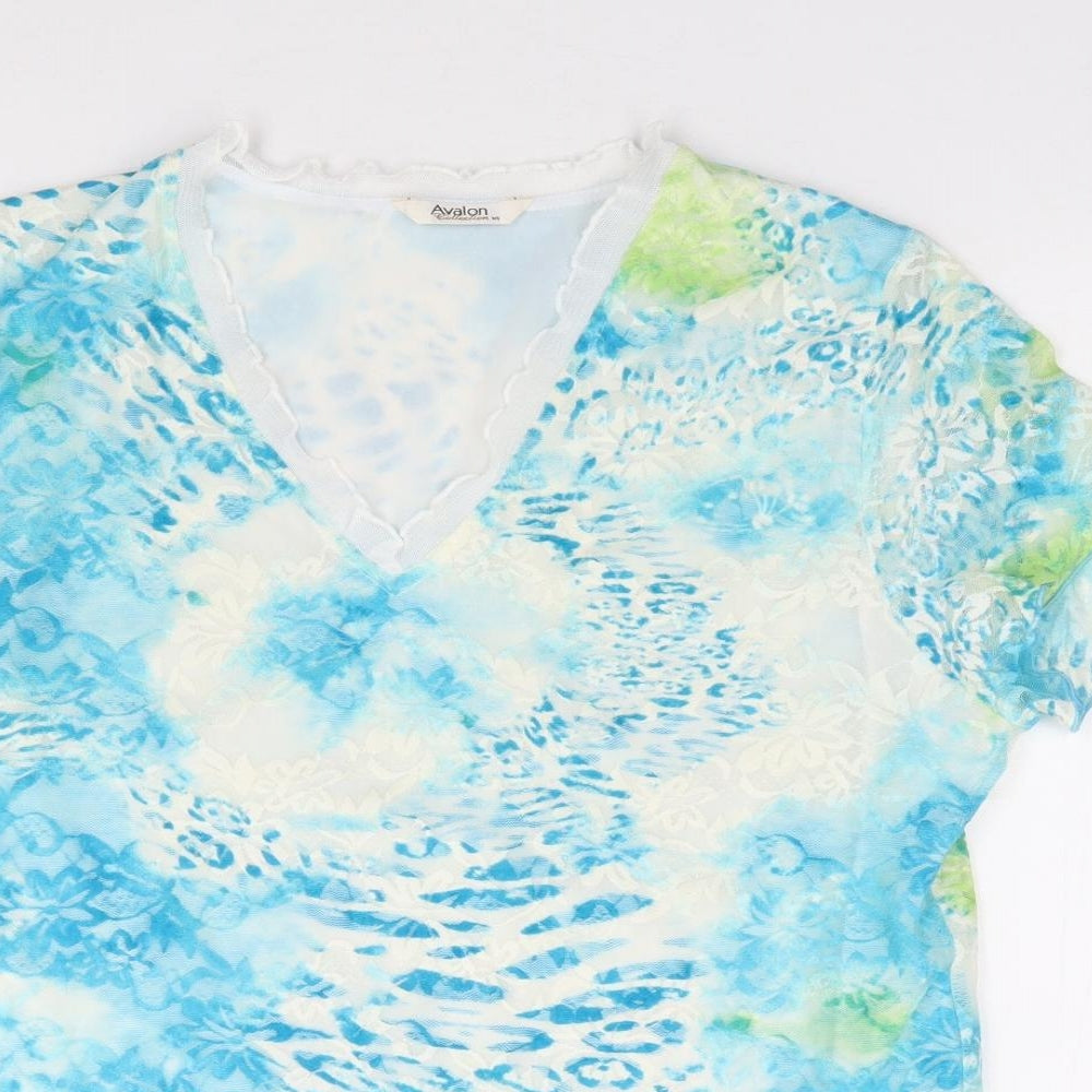 Avalon Collection Womens Multicoloured Floral Nylon Jersey T-Shirt Size 14 V-Neck