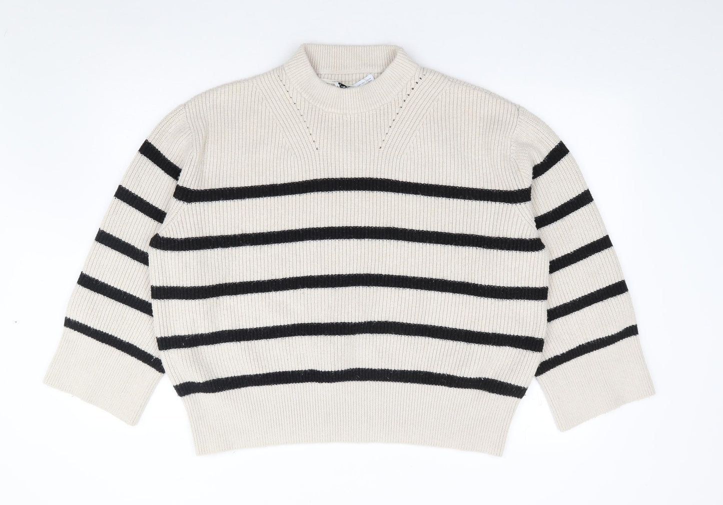Zara Womens Beige Mock Neck Striped Acrylic Pullover Jumper Size L