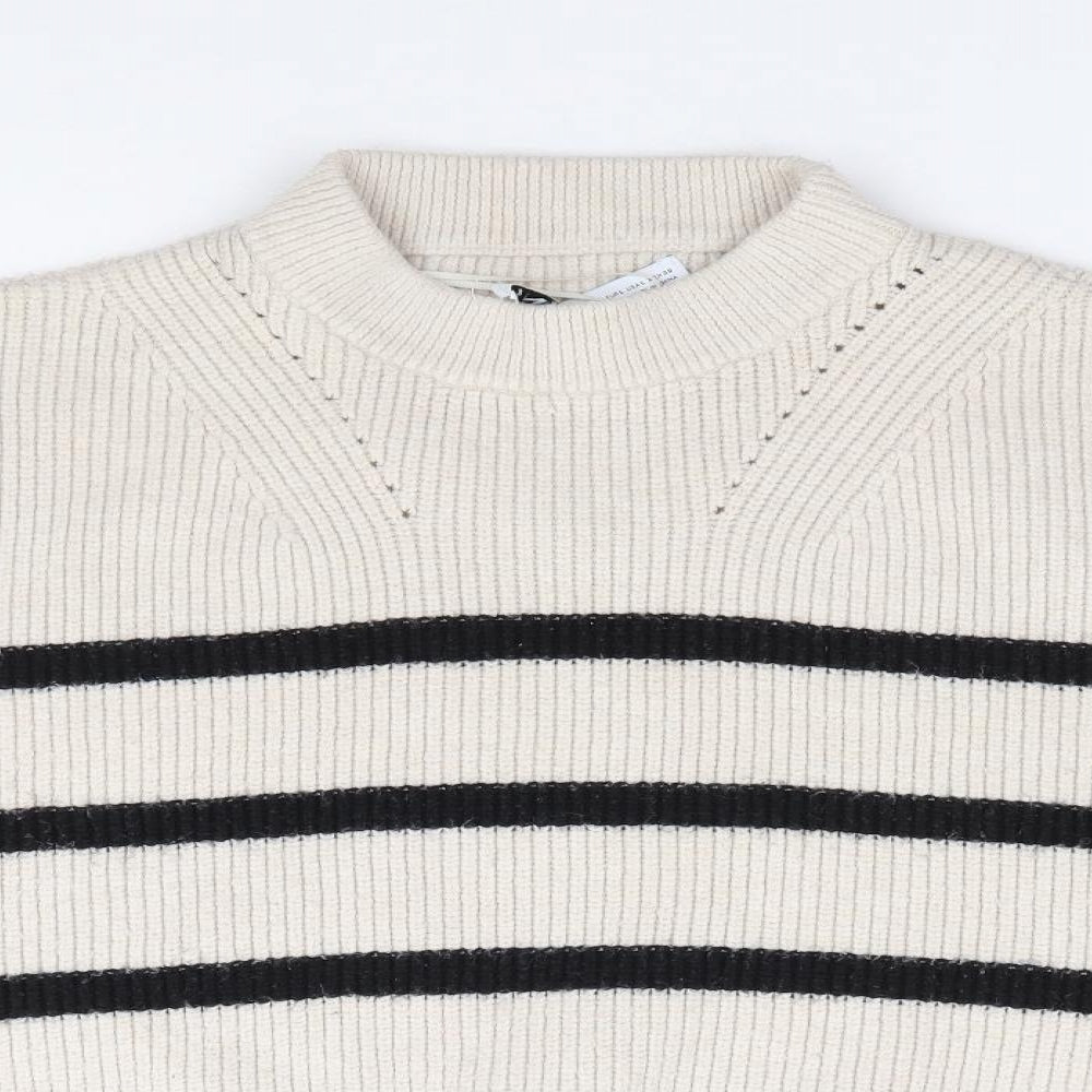 Zara Womens Beige Mock Neck Striped Acrylic Pullover Jumper Size L