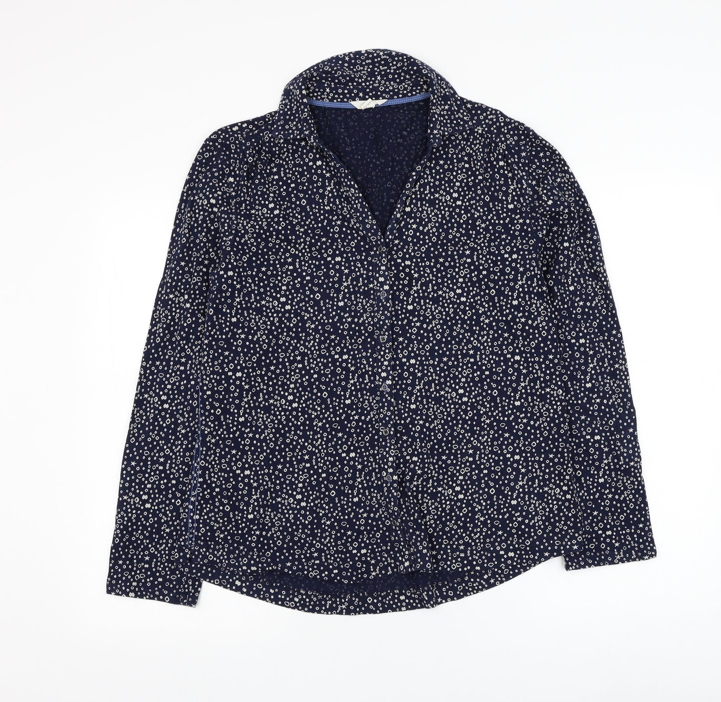White Stuff Womens Blue Geometric Cotton Basic Button-Up Size 14 Collared