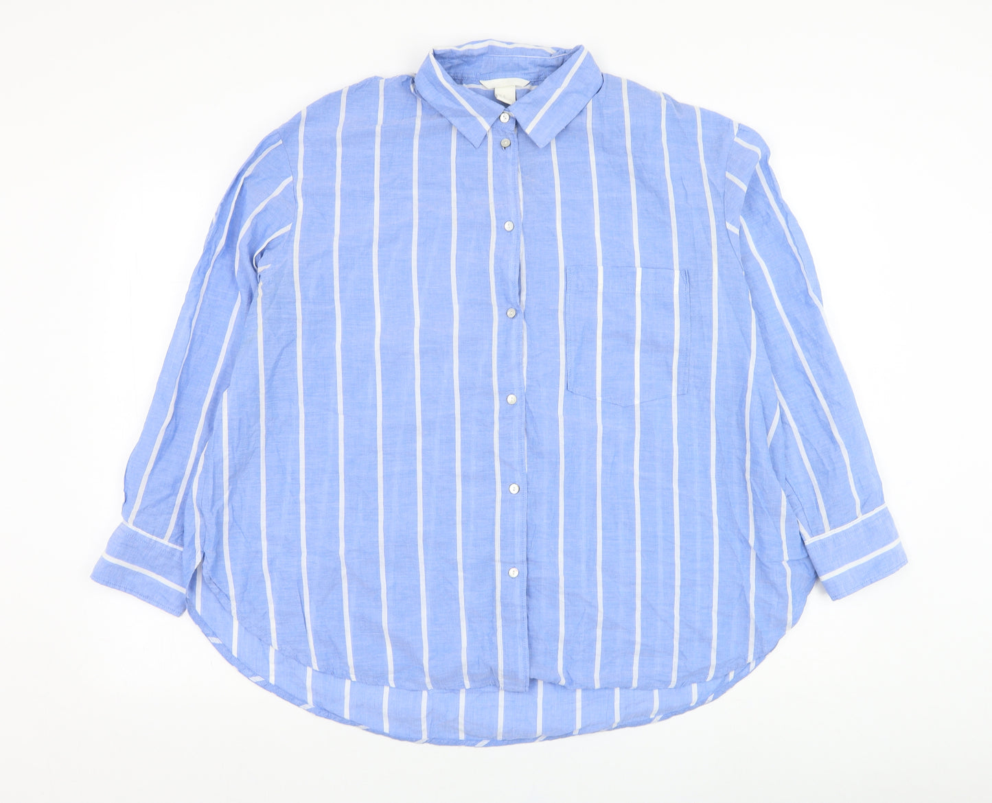 H&M Womens Blue Striped Cotton Basic Button-Up Size 12 Collared