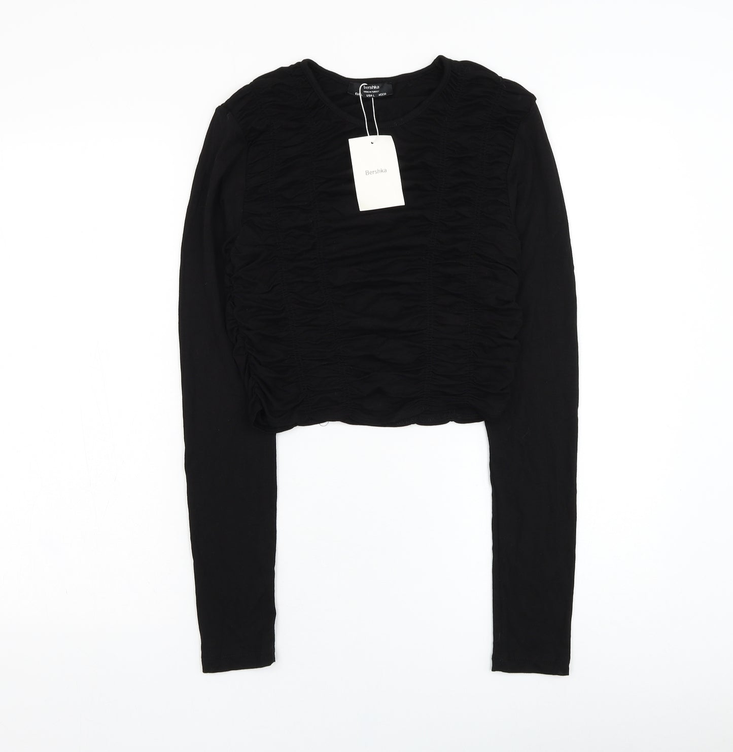 Bershka Womens Black  Viscose Cropped Blouse Size L Round Neck