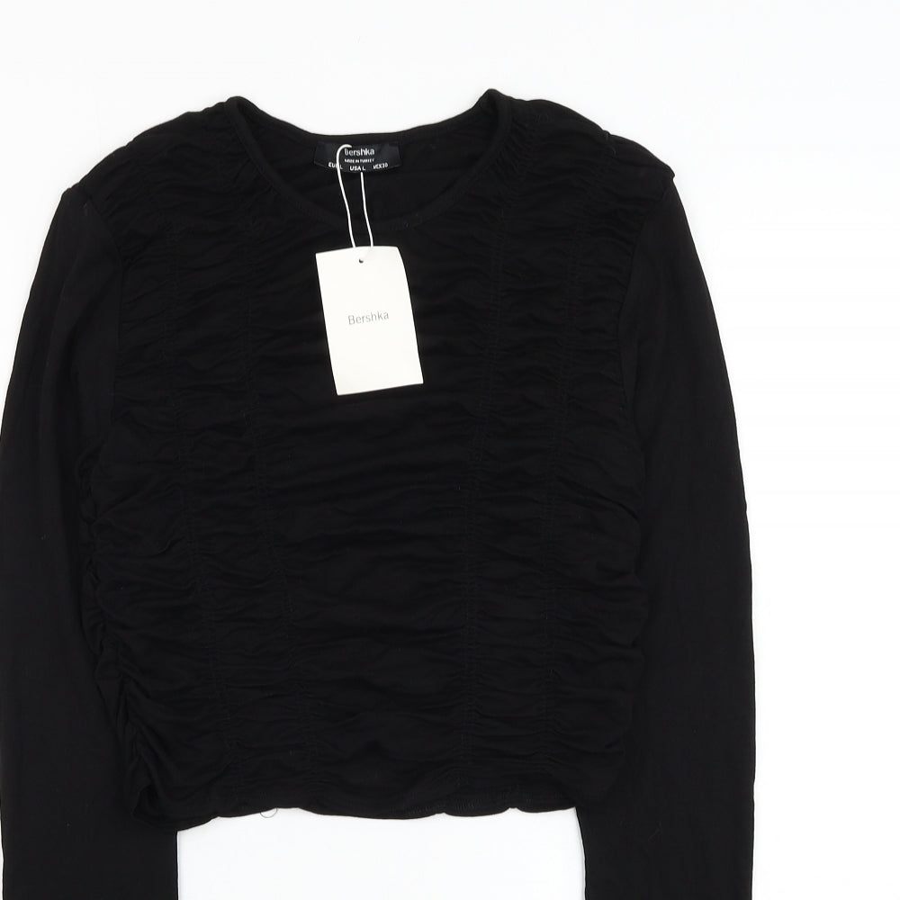 Bershka Womens Black  Viscose Cropped Blouse Size L Round Neck