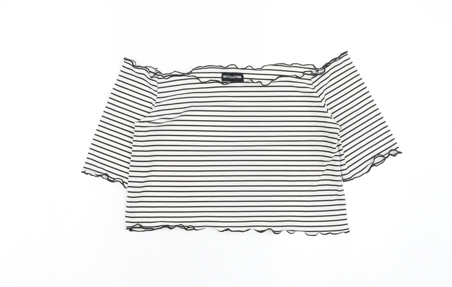 PRETTYLITTLETHING Womens White Striped Polyester Cropped Blouse Size 16 Square Neck