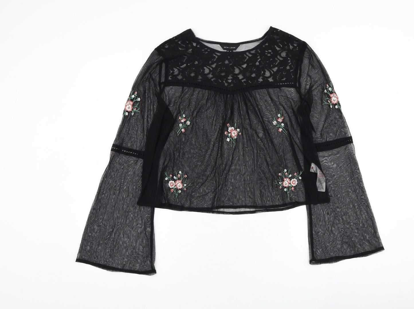 New Look Womens Black  Nylon Basic Blouse Size 16 Round Neck - Flower