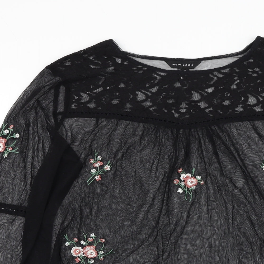 New Look Womens Black  Nylon Basic Blouse Size 16 Round Neck - Flower