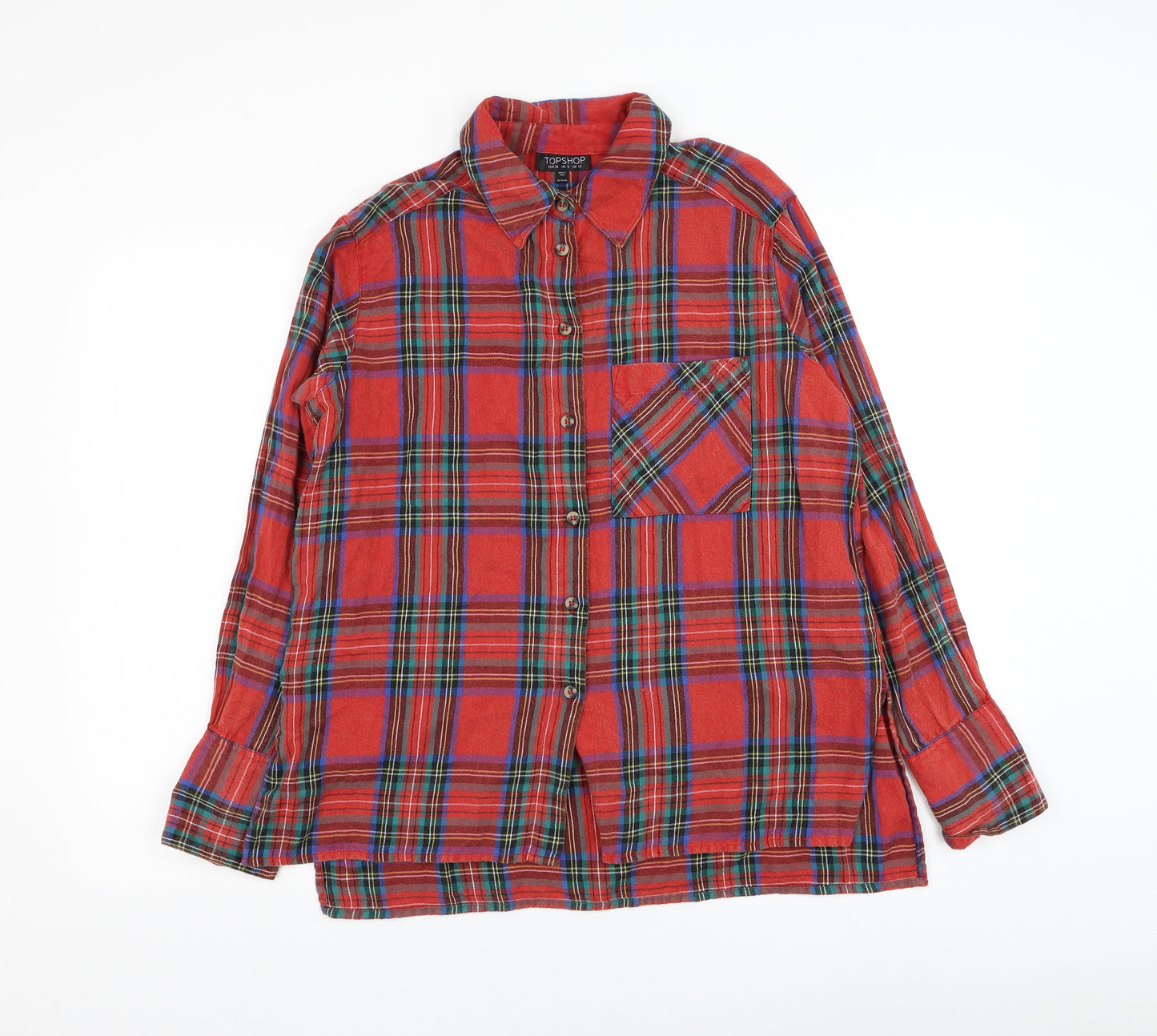 Topshop Womens Red Plaid Cotton Basic Button-Up Size 10 Collared