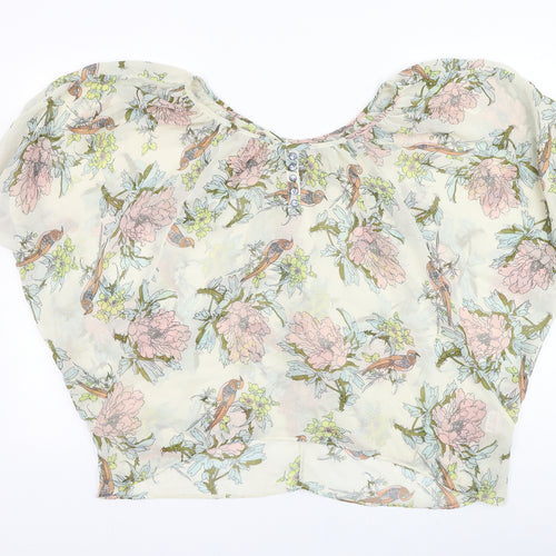 Internacionale Womens Ivory Floral Polyester Basic Blouse Size 10 Round Neck