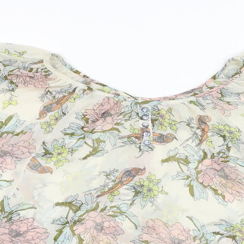 Internacionale Womens Ivory Floral Polyester Basic Blouse Size 10 Round Neck
