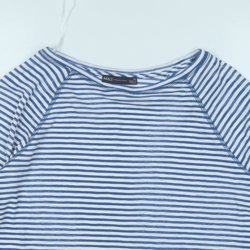 Marks and Spencer Womens Blue Striped Cotton Basic T-Shirt Size 14 Round Neck