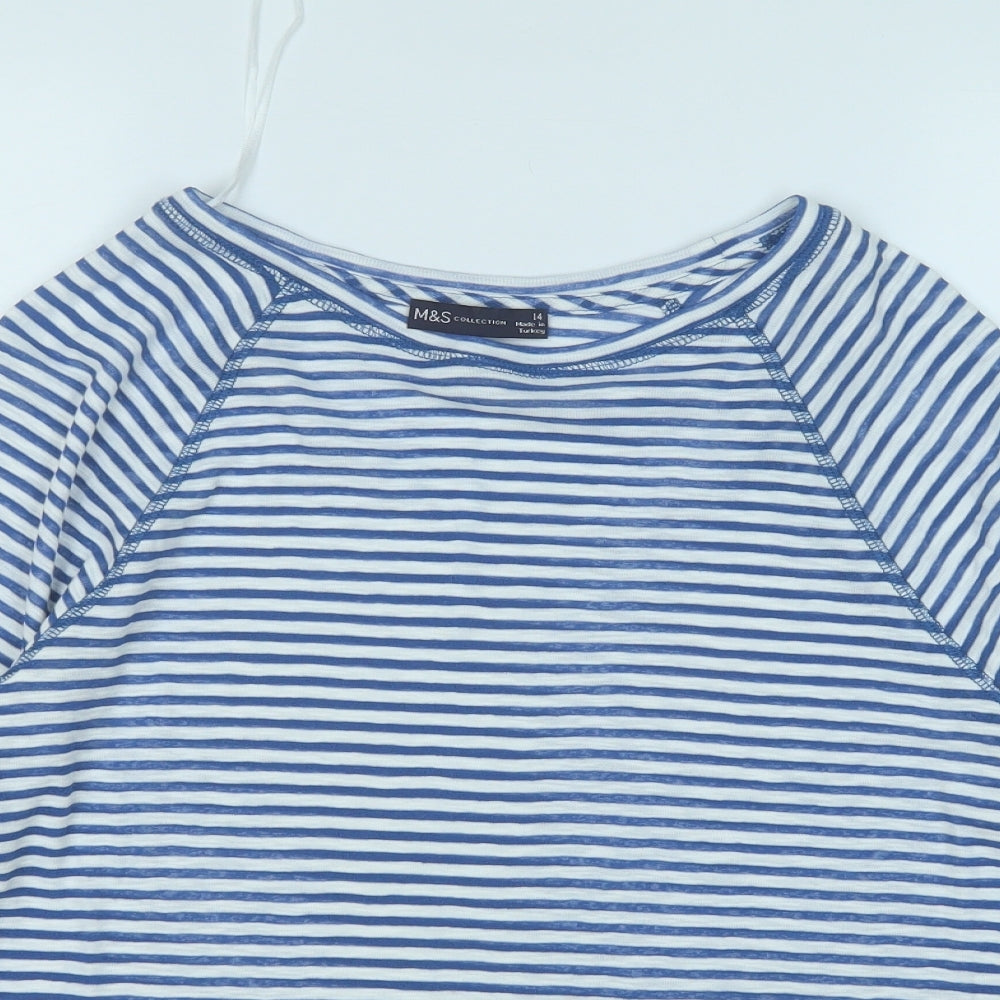 Marks and Spencer Womens Blue Striped Cotton Basic T-Shirt Size 14 Round Neck