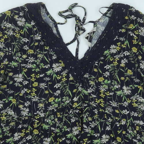 F&F Womens Blue Floral Viscose Basic Blouse Size 14 V-Neck