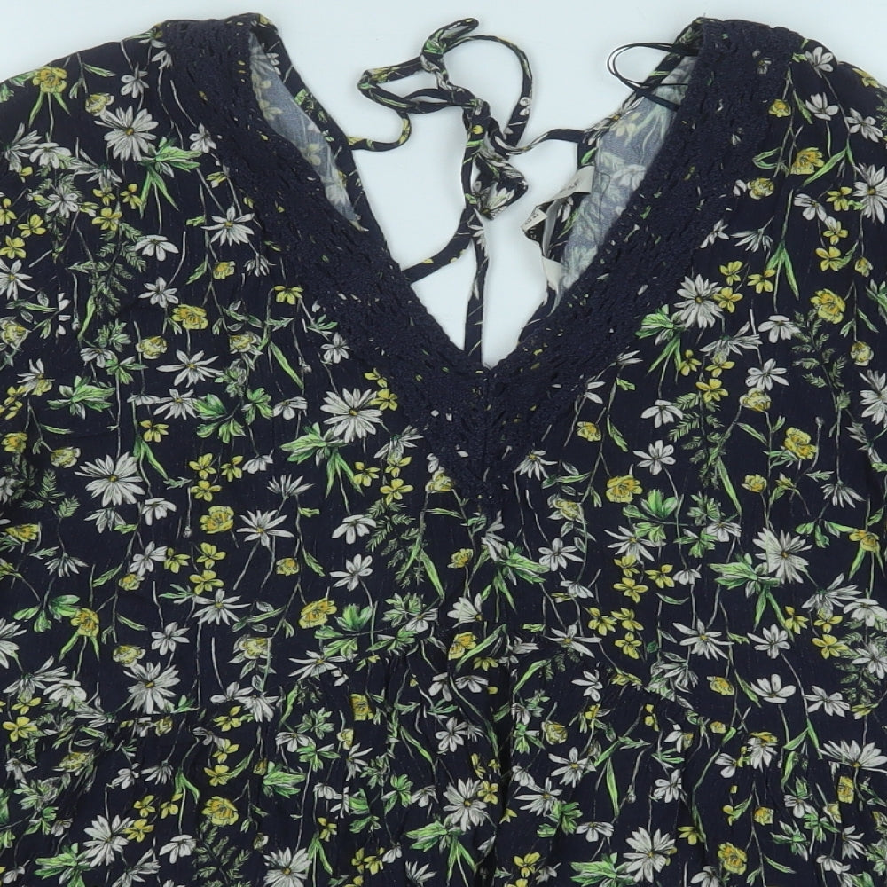 F&F Womens Blue Floral Viscose Basic Blouse Size 14 V-Neck