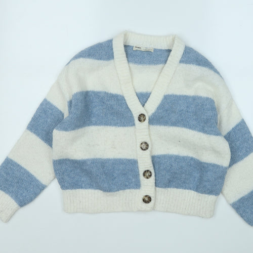 Pull&Bear Womens Blue V-Neck Striped Polyester Cardigan Jumper Size XS
