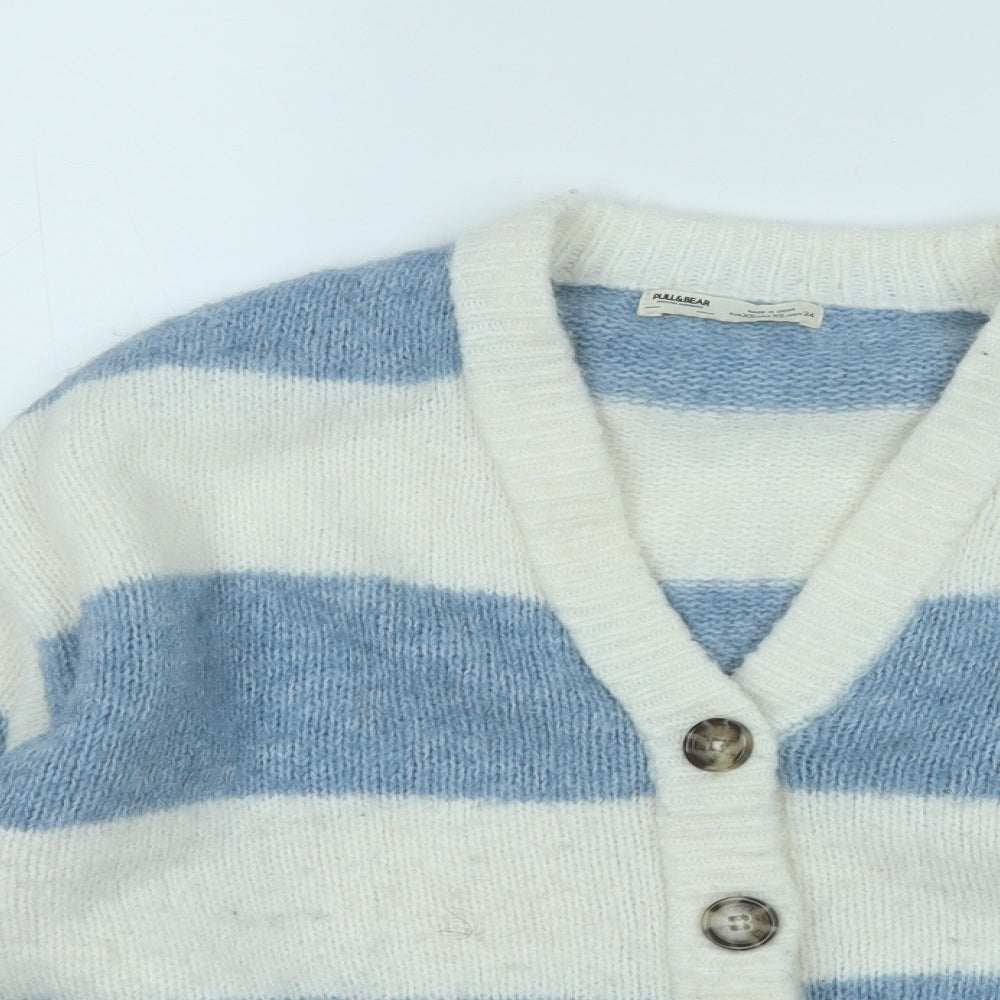 Pull&Bear Womens Blue V-Neck Striped Polyester Cardigan Jumper Size XS