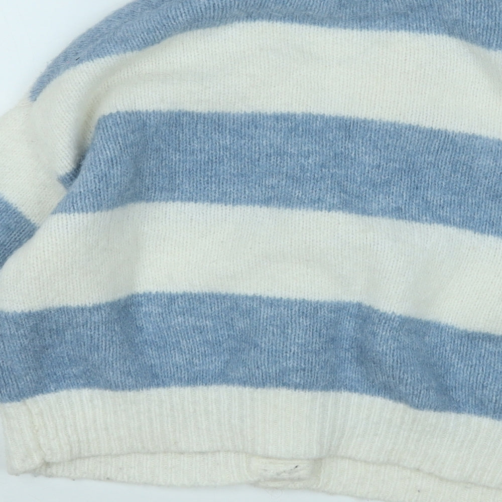 Pull&Bear Womens Blue V-Neck Striped Polyester Cardigan Jumper Size XS