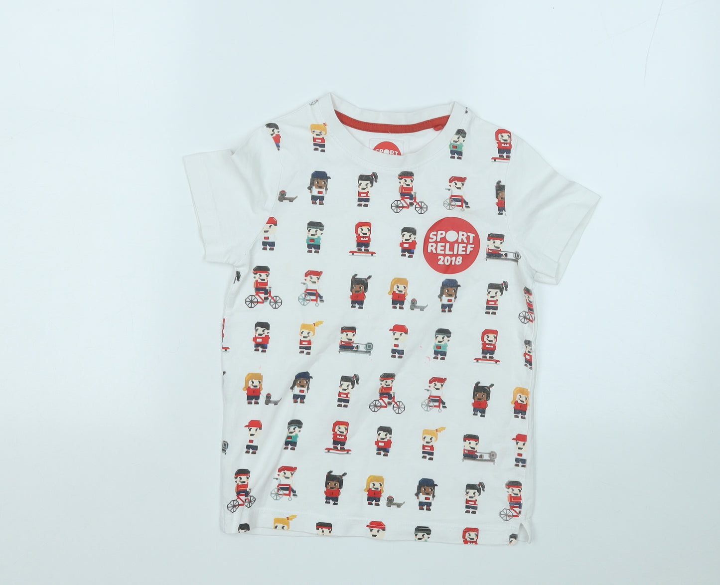 sport relief Boys White Geometric Cotton Basic T-Shirt Size 5-6 Years Round Neck