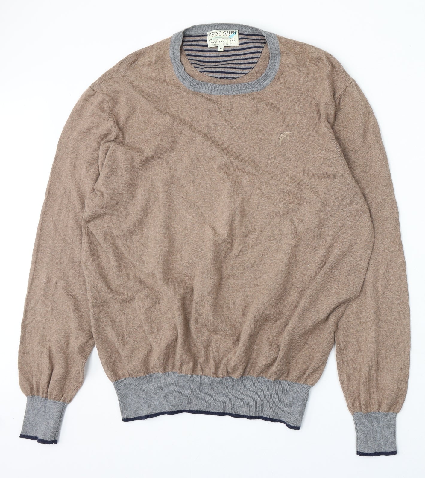 Racing Green Mens Brown Round Neck  Cotton Pullover Jumper Size XL