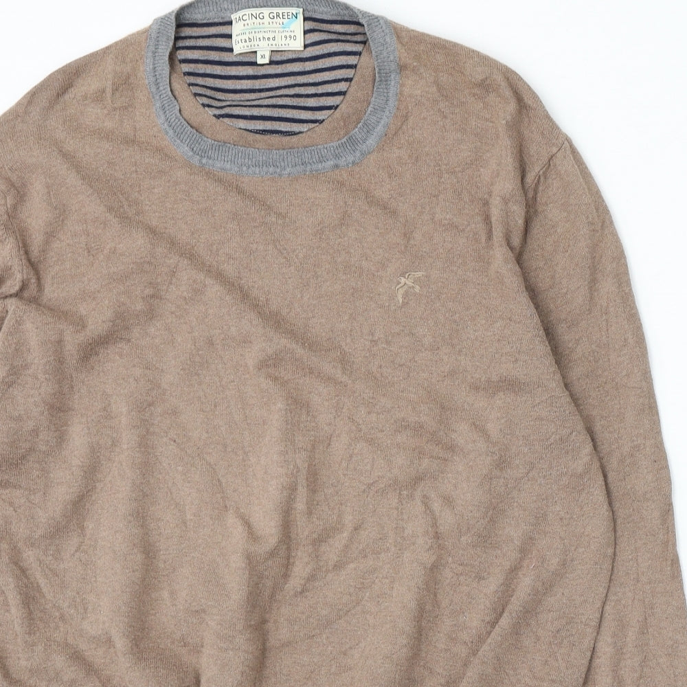 Racing Green Mens Brown Round Neck  Cotton Pullover Jumper Size XL