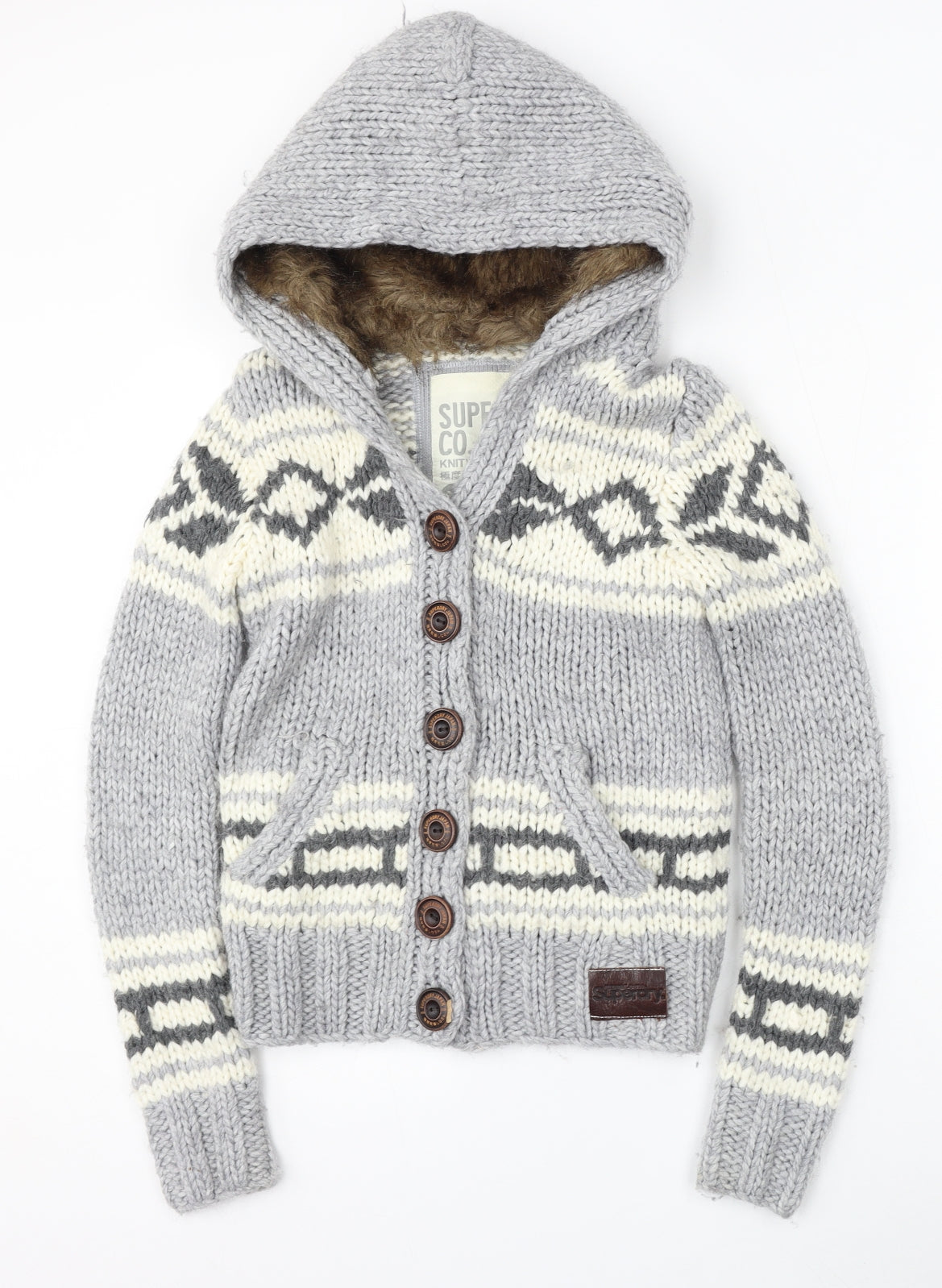Superdry Mens Grey Round Neck Geometric Acrylic Cardigan Jumper Size XS