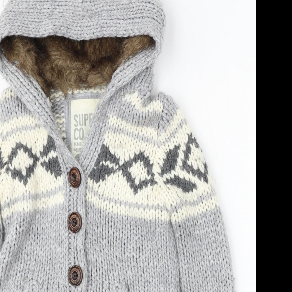 Superdry Mens Grey Round Neck Geometric Acrylic Cardigan Jumper Size XS