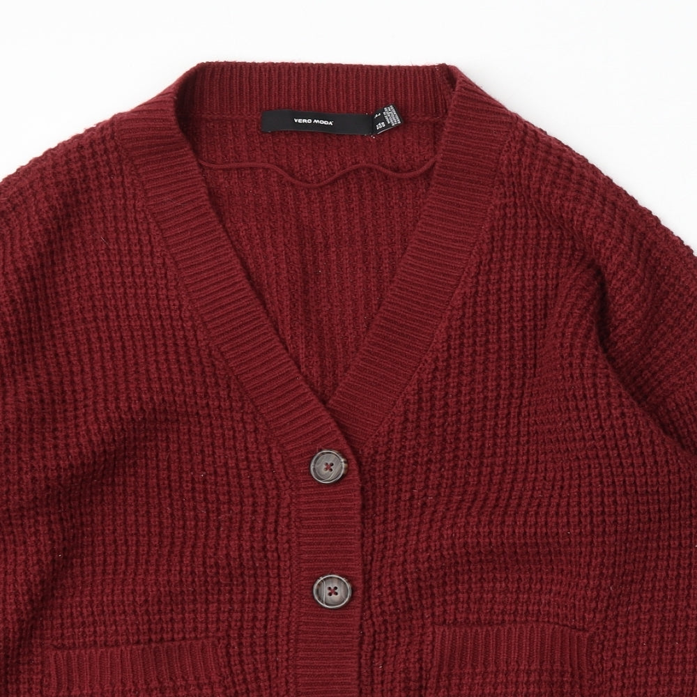 VERO MODA Womens Red V-Neck  Acrylic Cardigan Jumper Size L