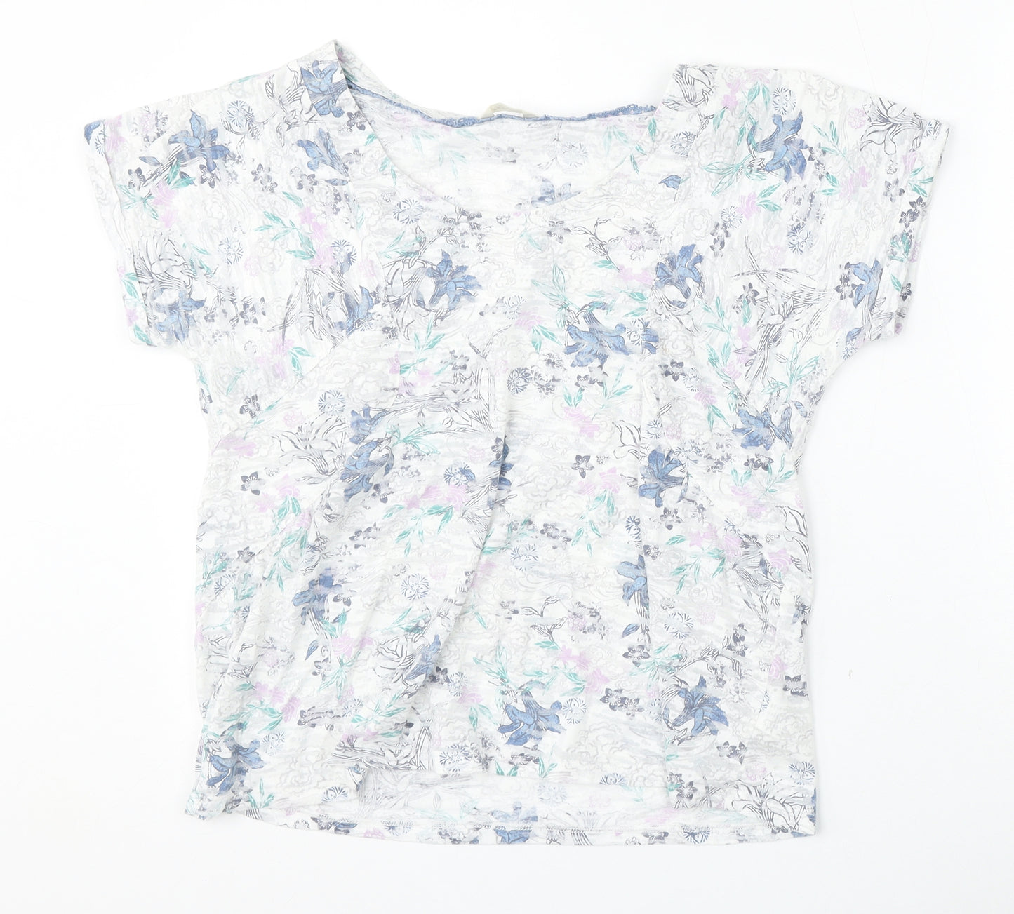 Marks and Spencer Womens White Floral Cotton Basic T-Shirt Size 14 Round Neck