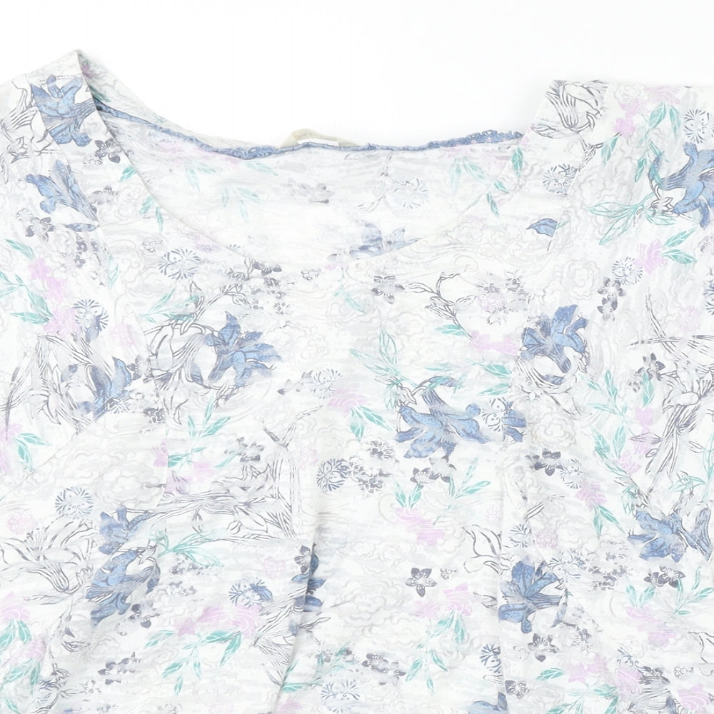 Marks and Spencer Womens White Floral Cotton Basic T-Shirt Size 14 Round Neck