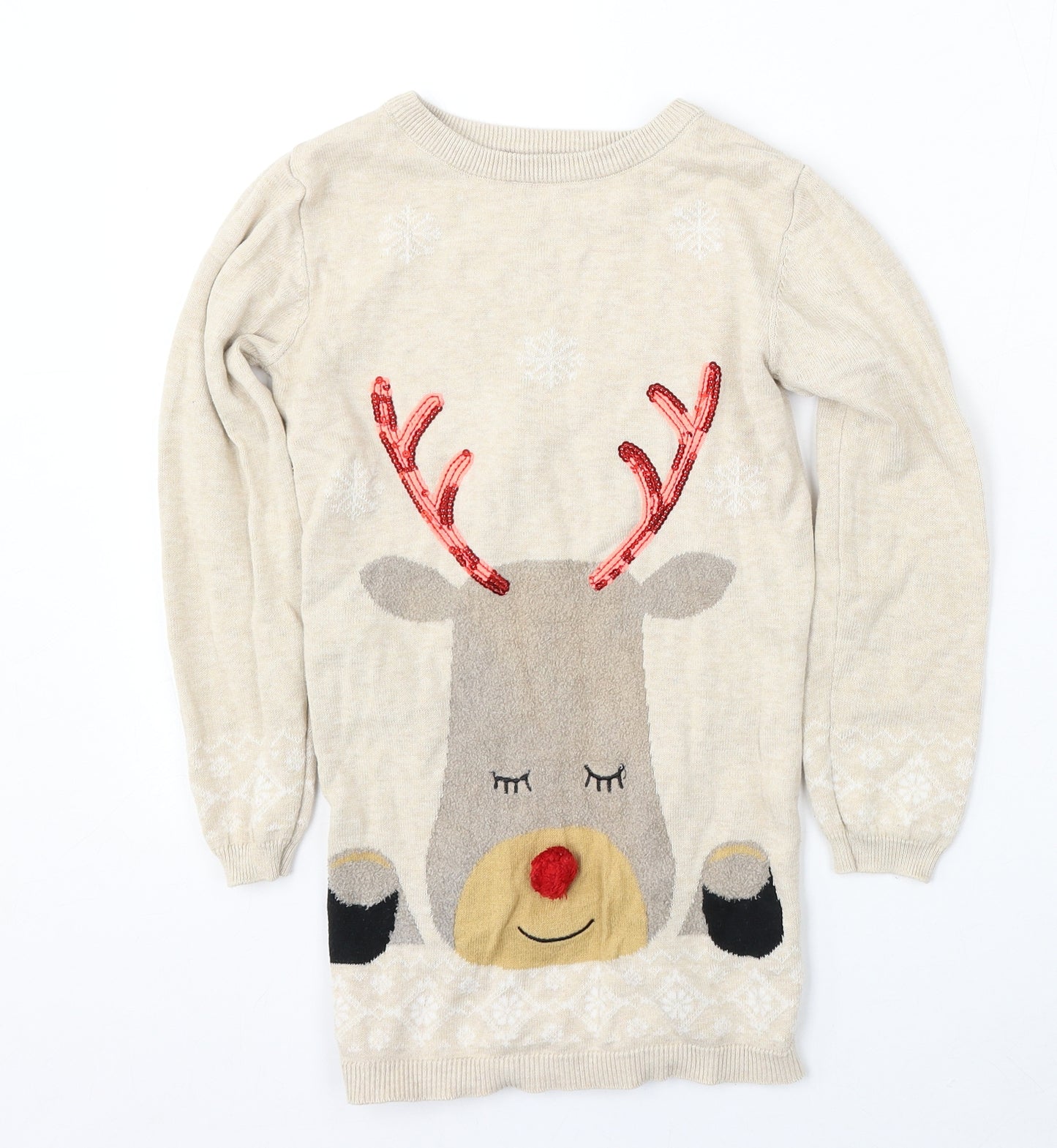 Primark Girls Beige Round Neck  Cotton Pullover Jumper Size 7 Years   - christmas