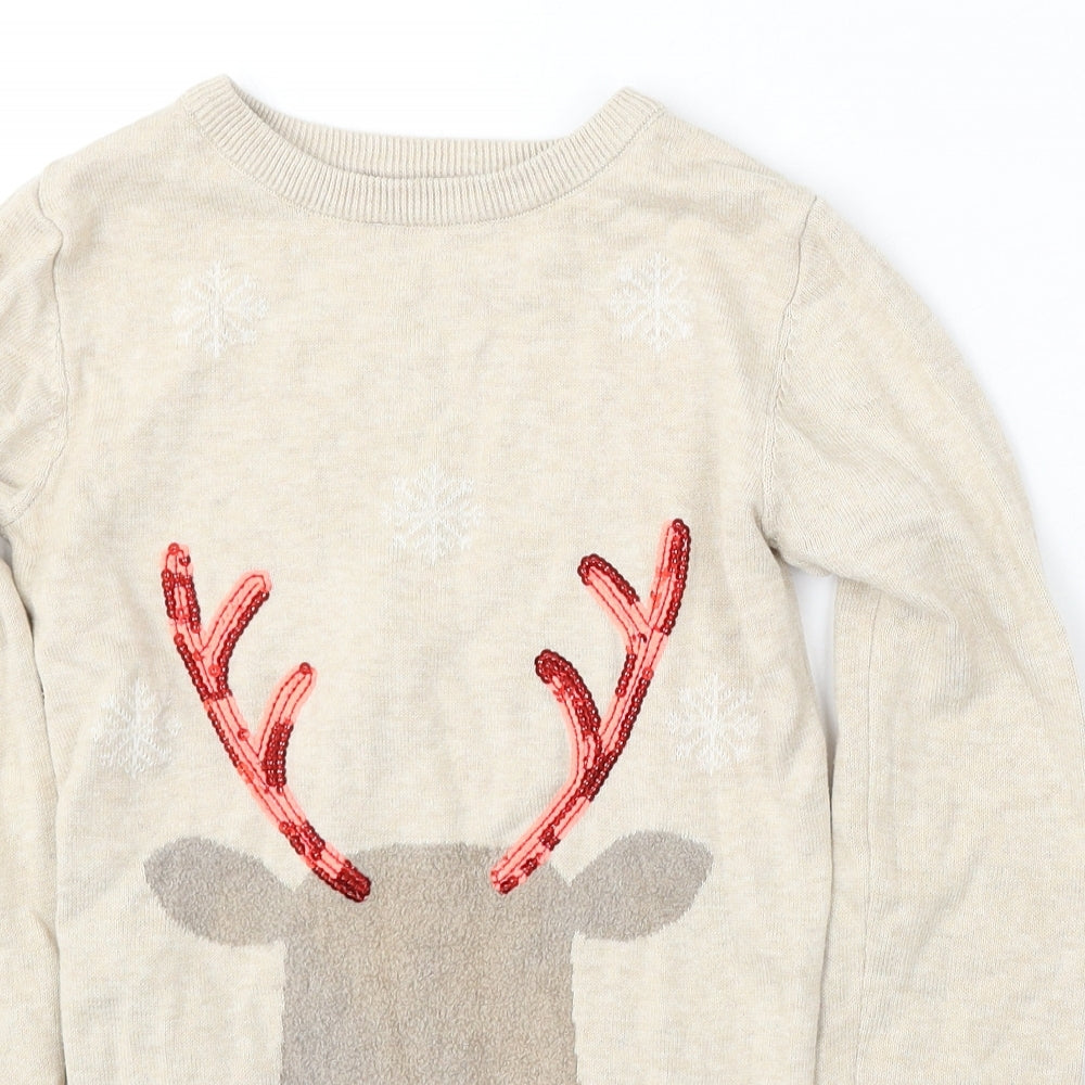 Primark Girls Beige Round Neck  Cotton Pullover Jumper Size 7 Years   - christmas