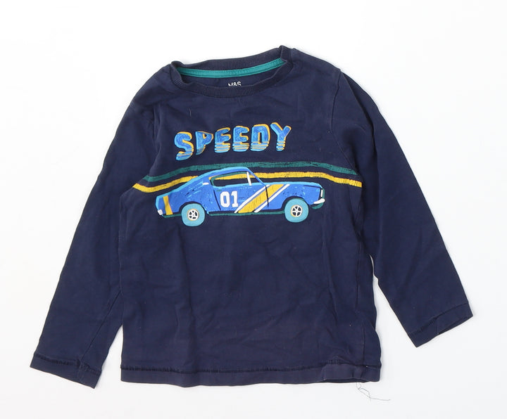 Marks and Spencer Boys Blue Cotton Basic T-Shirt Size 2-3 Years Round Neck
