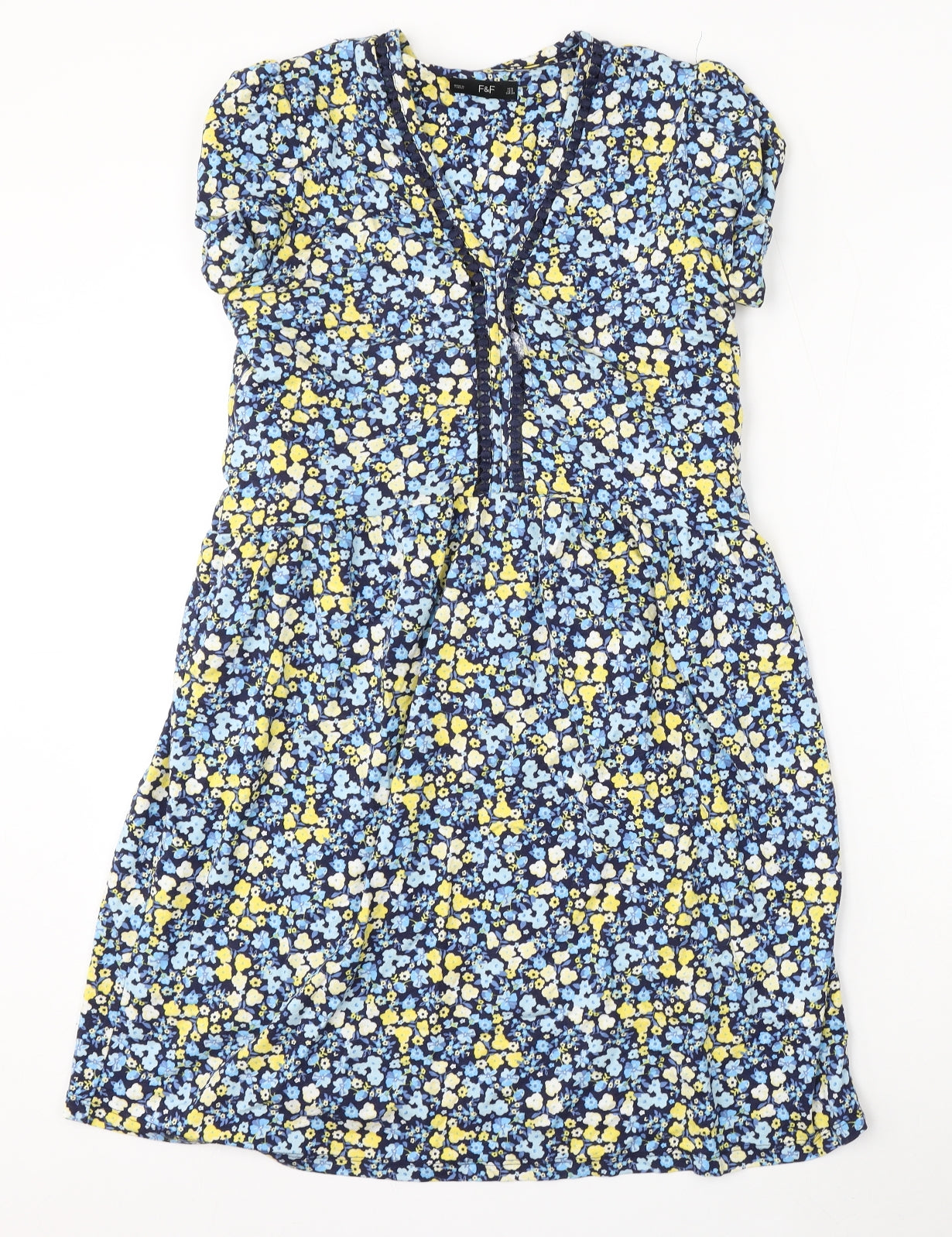 F&F Womens Blue Floral Viscose Sheath  Size 6  V-Neck