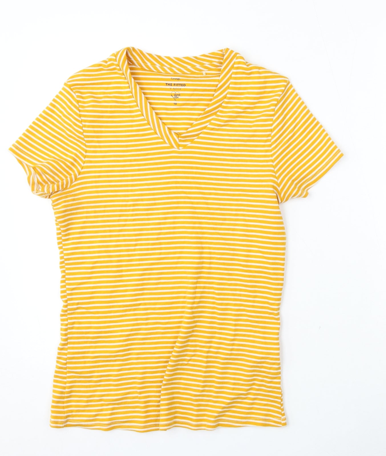George Womens Yellow Striped Cotton Basic T-Shirt Size 10 V-Neck
