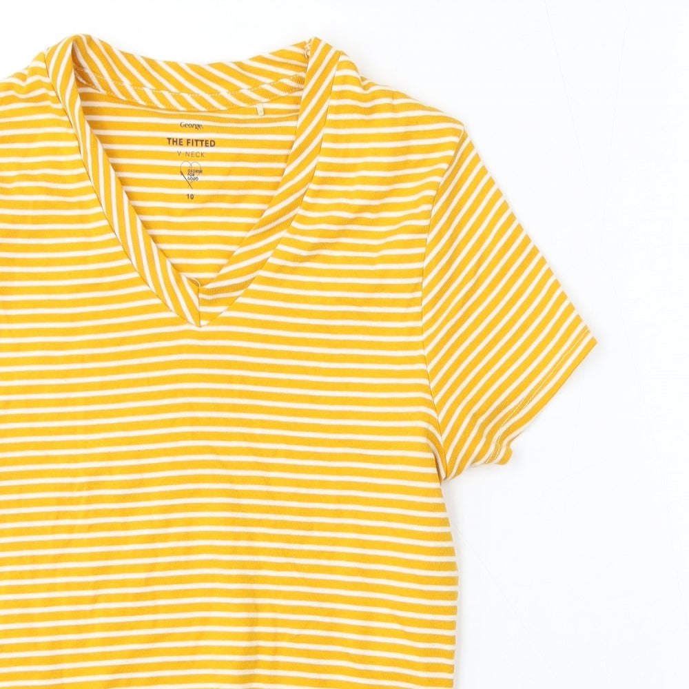 George Womens Yellow Striped Cotton Basic T-Shirt Size 10 V-Neck