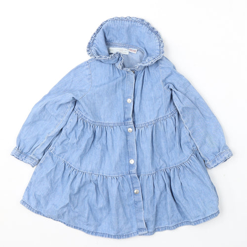 Zara Girls Blue  Cotton Skater Dress  Size 18-24 Months  Round Neck Snap