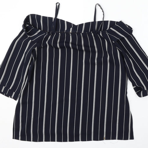 River Island Womens Blue Striped Polyester Basic Blouse Size 8 Round Neck